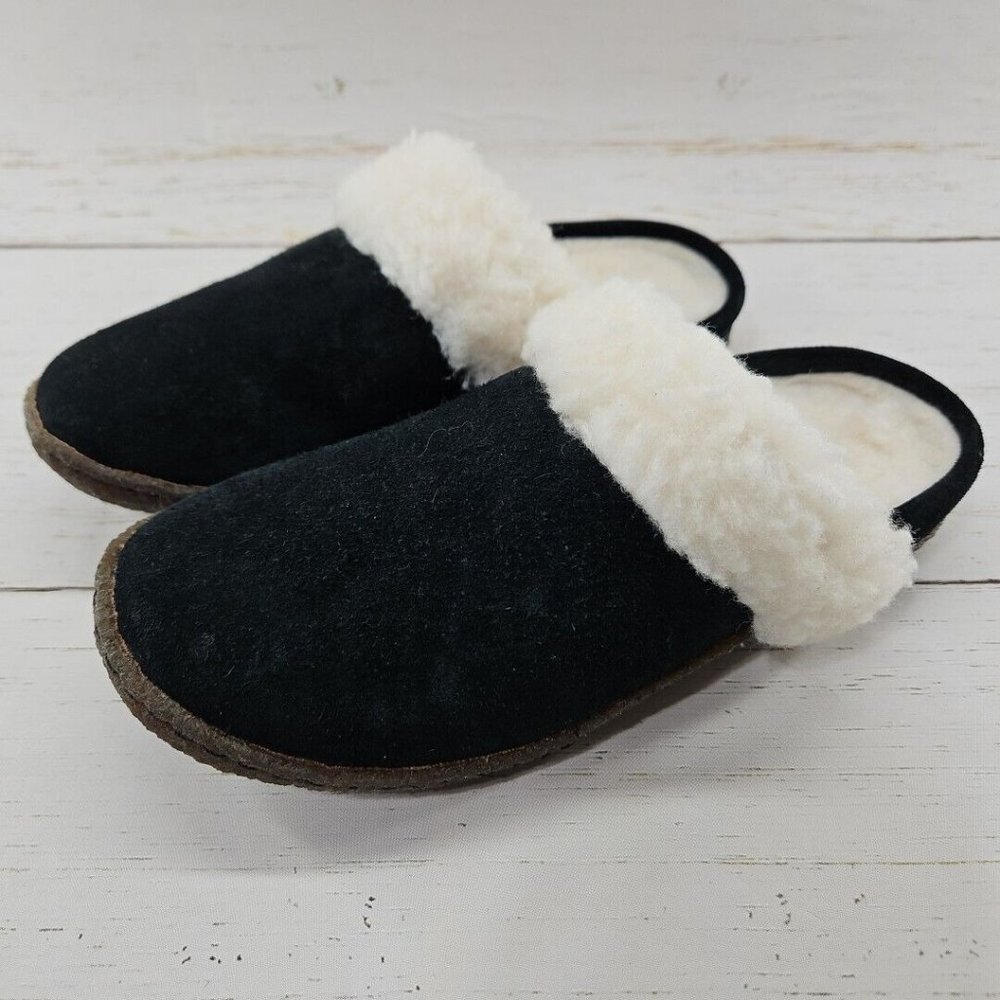 Sorel Nakiska Womens Size 6 Black Suede Faux Fur Lined Slip On Shoe Slippers
